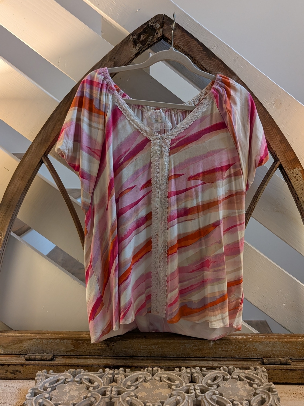 Cupio Pink & Orange Striped Blouse with Lace Trim